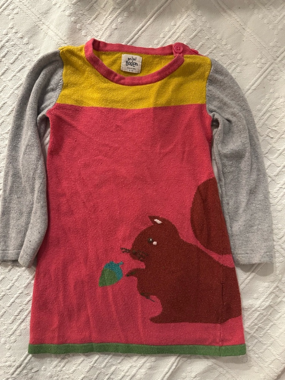 Mini Boden Girls Pink, Yellow & Gray Squirrel Knit Long Sleeve Dress